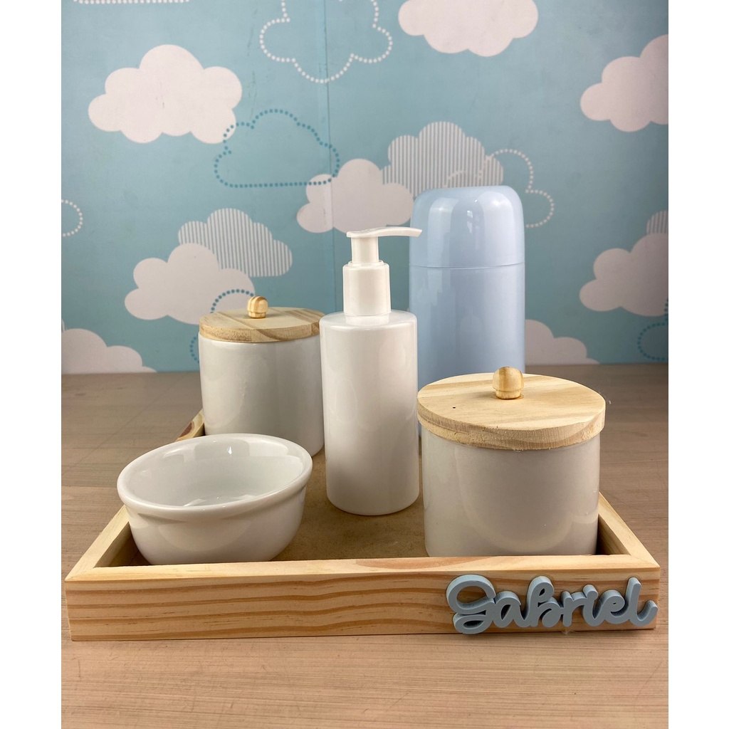 🛍️ Kit Higiene Bebê Porcelana Pinus Garrafa Nome Personalizado Menino