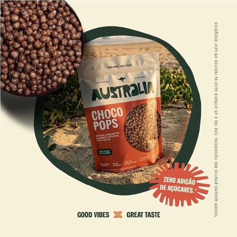 ChocoPops Australia Chocolate, Sem Açúcar, Sem Glúten, Vegano, 200g