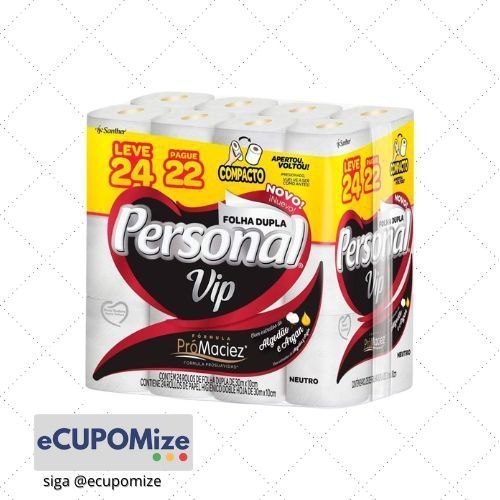 😍 Personal VIP - Papel Higiênico Folha Dupla, Branco 24 unidades (Embalagem pode variar)
