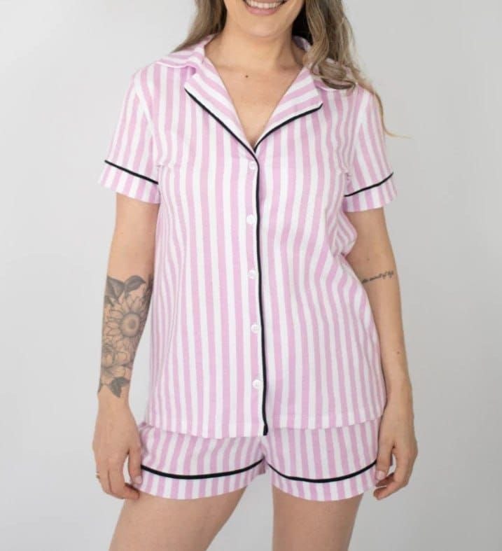 🛍️ Pijama Feminino Americano Manga Curta Botões Frente Algodão Verão Amamentação - Listra