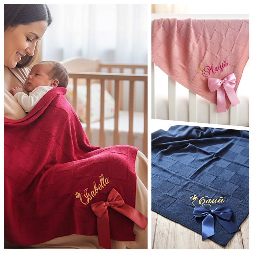 🛍️ Manta Bebê Personalizada com Nome Bordado Tricot Maternidade Luxo Trico menino ou meni