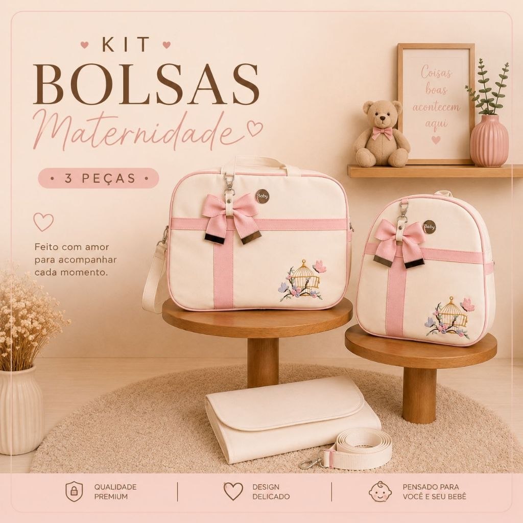 🛍️ Bolsa Maternidade Luxo Kit 3 Peças Bordado Impermeável Safari para Enxoval Bebê