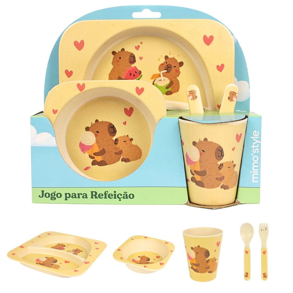 🛍️ Kit Alimentação Infantil Bebê Capivara 5 itens Prato Com Divisória Copo Bowl Garfo Col