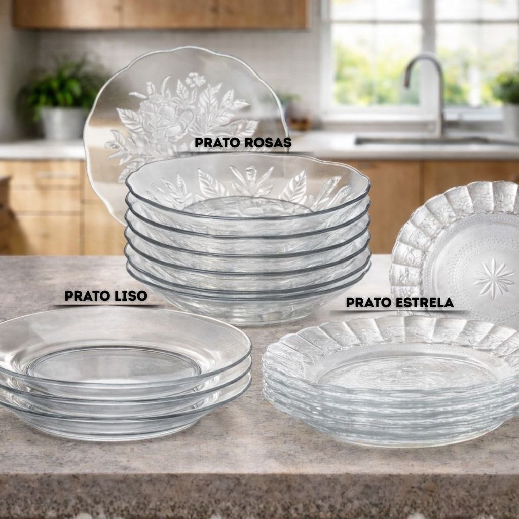 - Kit Pratos de Vidro Resistentes 22cm – Egípcio ,Liso e Floral Pratos fundos Modernos