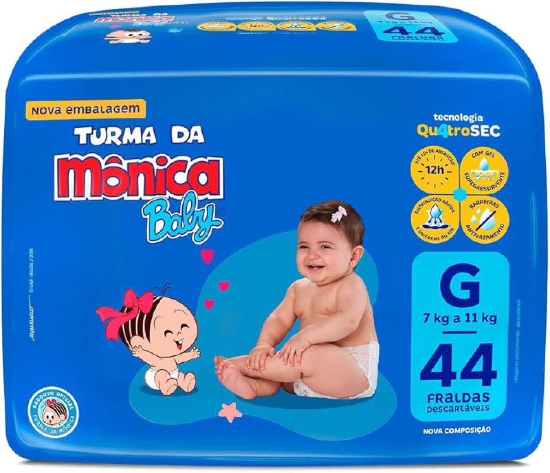 🛍️ Fralda Turma da Mônica Baby Mega G 44 Unidades