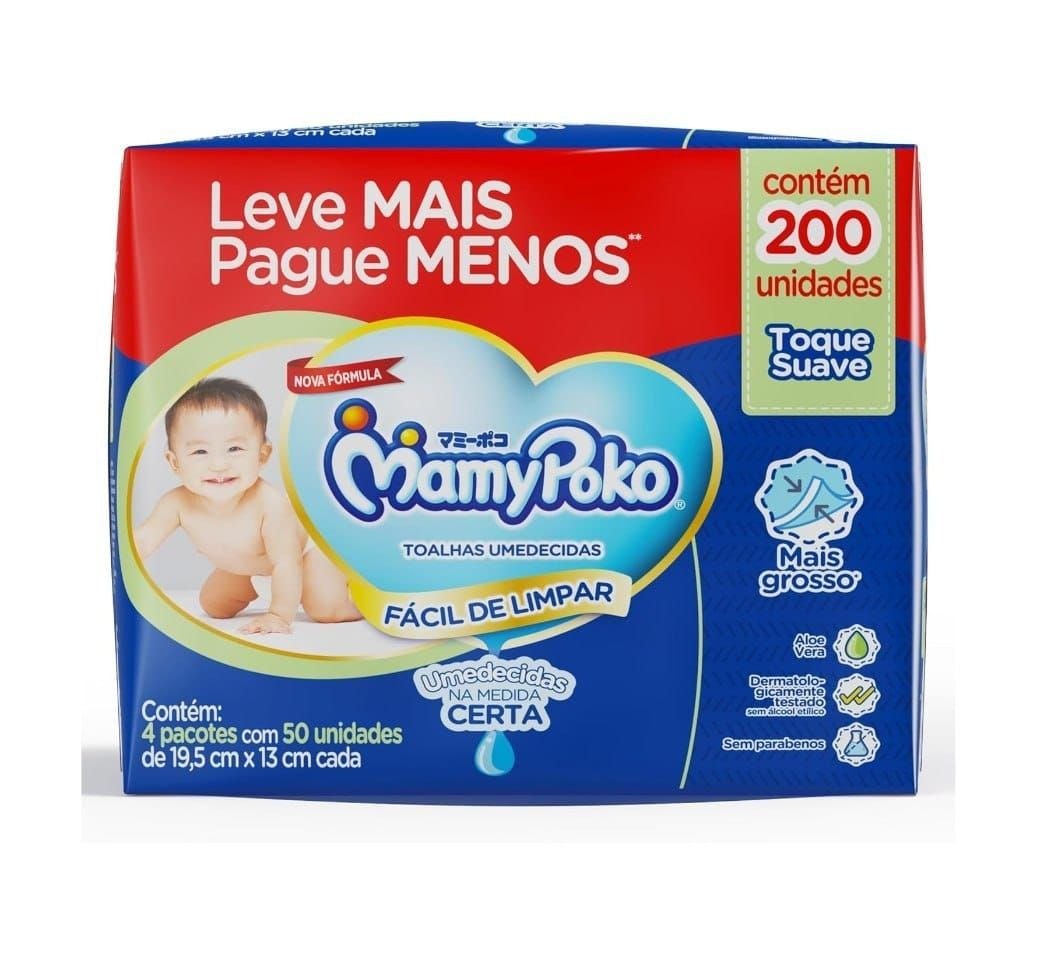 Lenço Mamypoko Toque Suave 200 unidades (4 Pacotes com 50 un. cada)