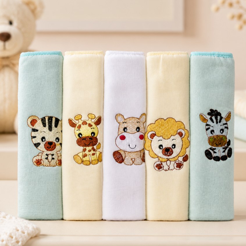 🛍️ Kit 5 Fralda de Pano Bebê Menino 70x70cm 100% Algodão Macia Bordada Toalhinha Paninho