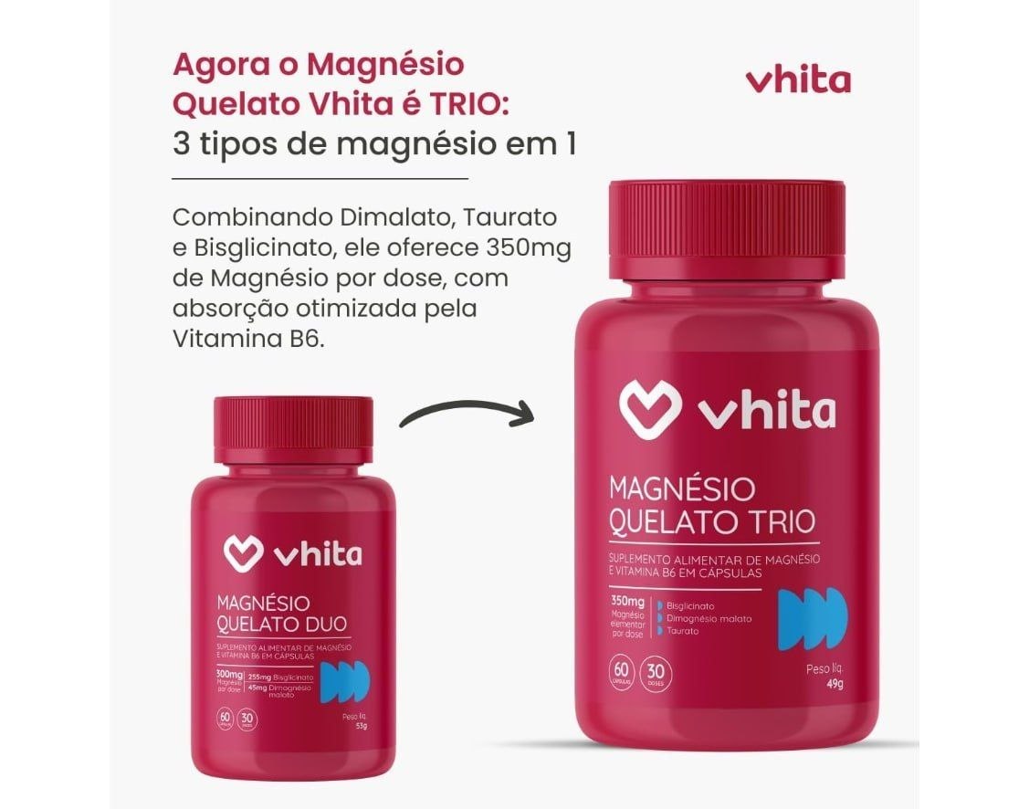 Magnésio Quelato Trio, Dimalato, Bisglicinato e Taurato com Vitamina B6 350mg Vhita 60 Cáp
