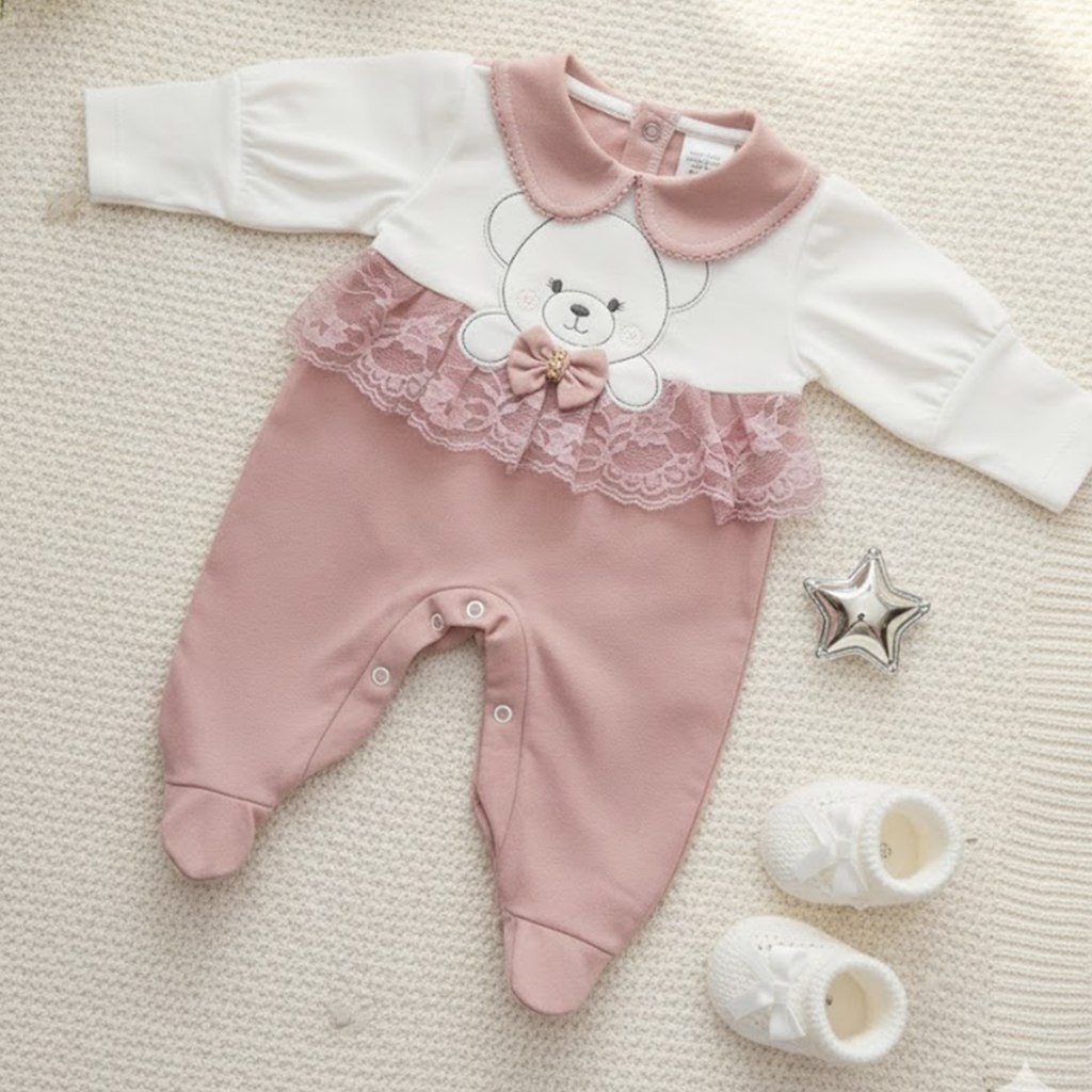 🛍️ Macacão Bebê Ursinha Manga Longa com Gola Bordado Saida de Maternidade