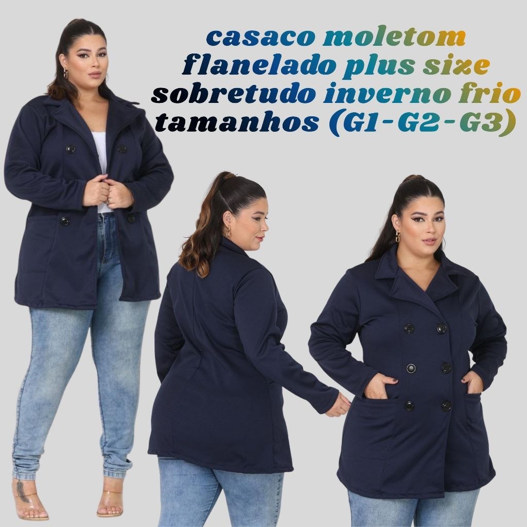 🛍️ CASACO SOBBRETUDO FEMENINO PLUS SIZE NO MOLETOM POLIESTER, POR  DENTRO  FLANELADO