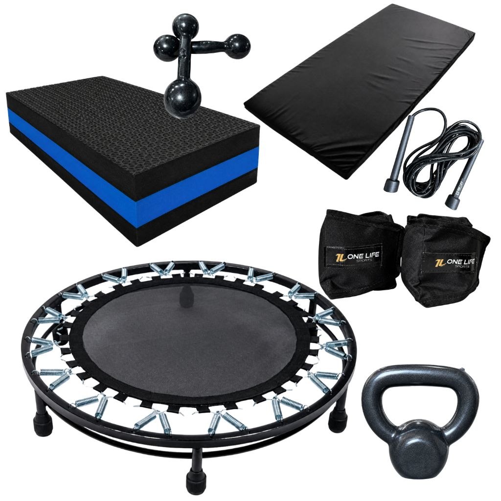 - Kit Funcional Mini Jump + Colchonete preto Corda PVC Step EVA Halter 3kg Caneleiras 3kg