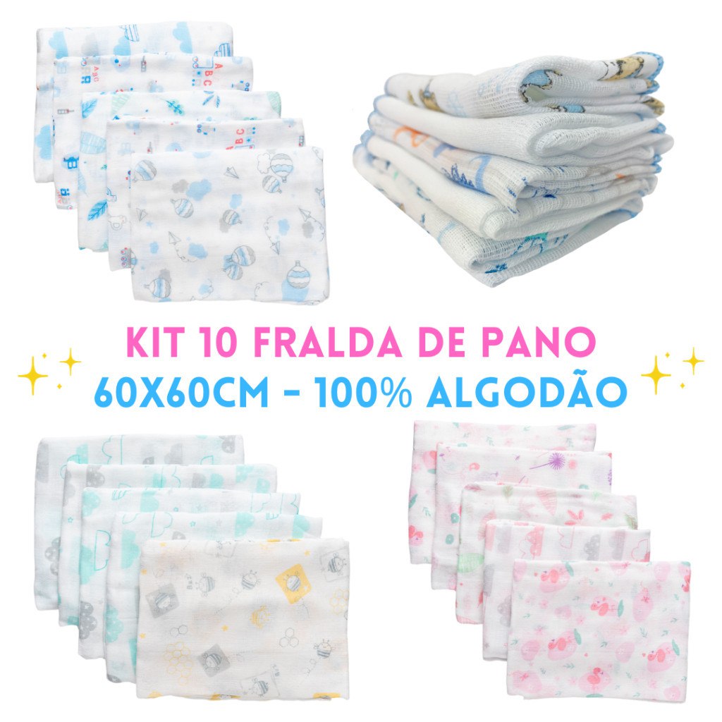 🛍️ Fraldas de pano kit com 10 unidades 60x60cm 100% algodão Minasrey Bebê Babete Toalinha