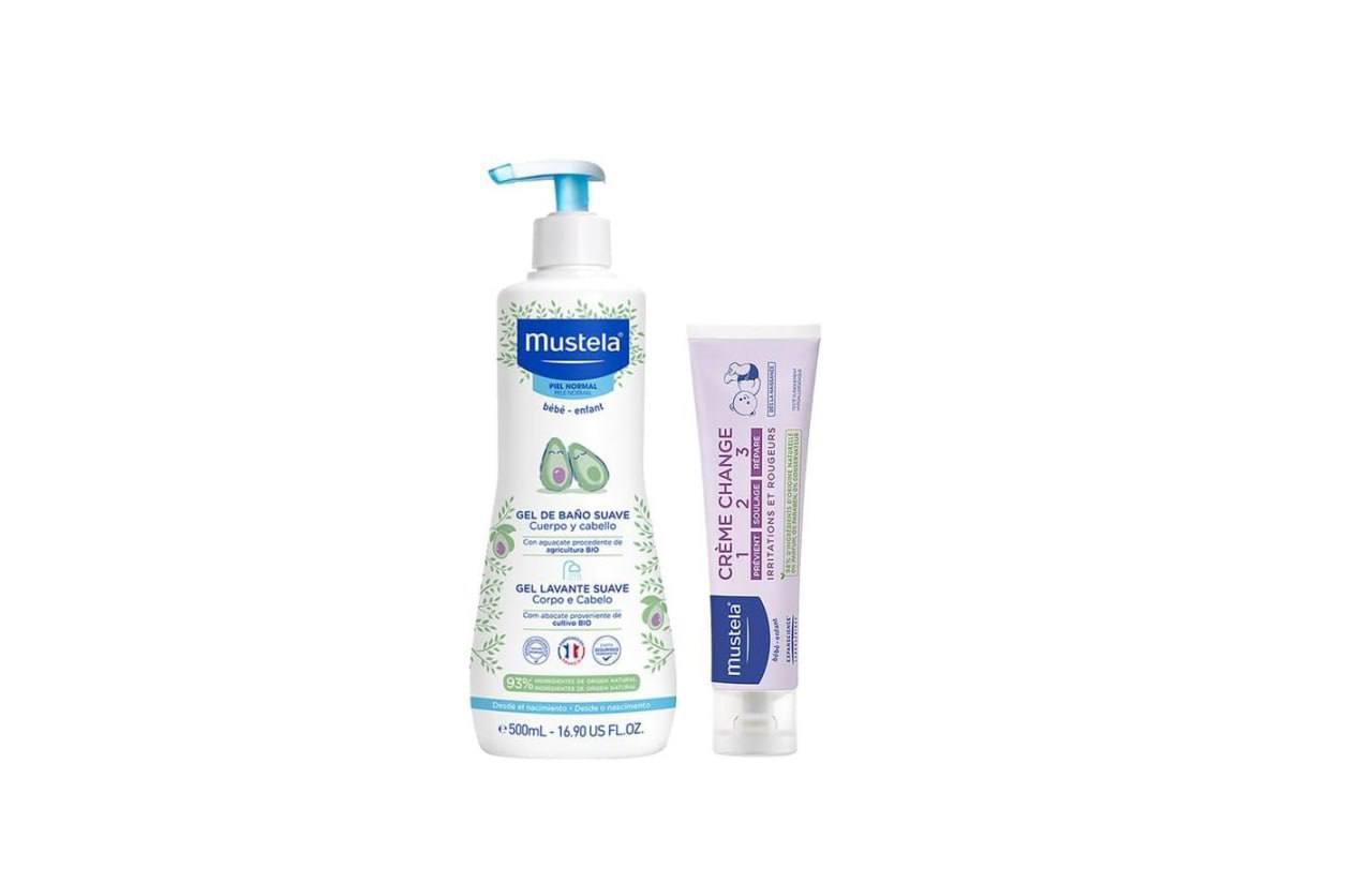 🫧  Mustela Combo Banho + Troca de Fralda - Gel Lavante Corpo e Cabelo 500ml + Creme Preve
