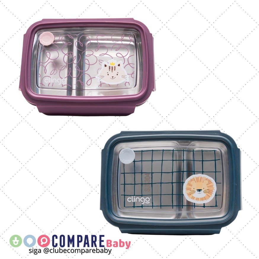 😍 Clingo Bento Box Inox com 2 Divisórias, Tampa Hermética, Livre de BPA, Marinho ou Rosa