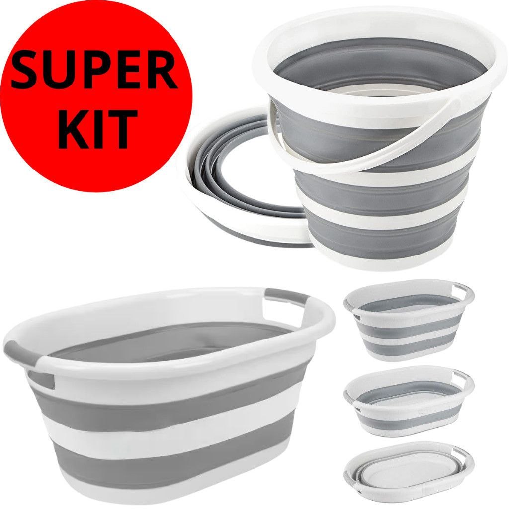 - Kit Com Balde Retrátil 10 Litros E Cesto Dobrável 26 Litros Silicone Resistente Com Alça