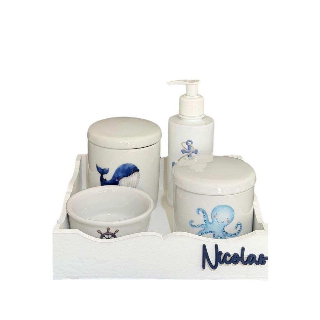 🛍️ Kit Higiene Bebê Porcelana Ursinho Marinheiro Bandeja Ondinha Adesivo Dtf Uv Com Nome