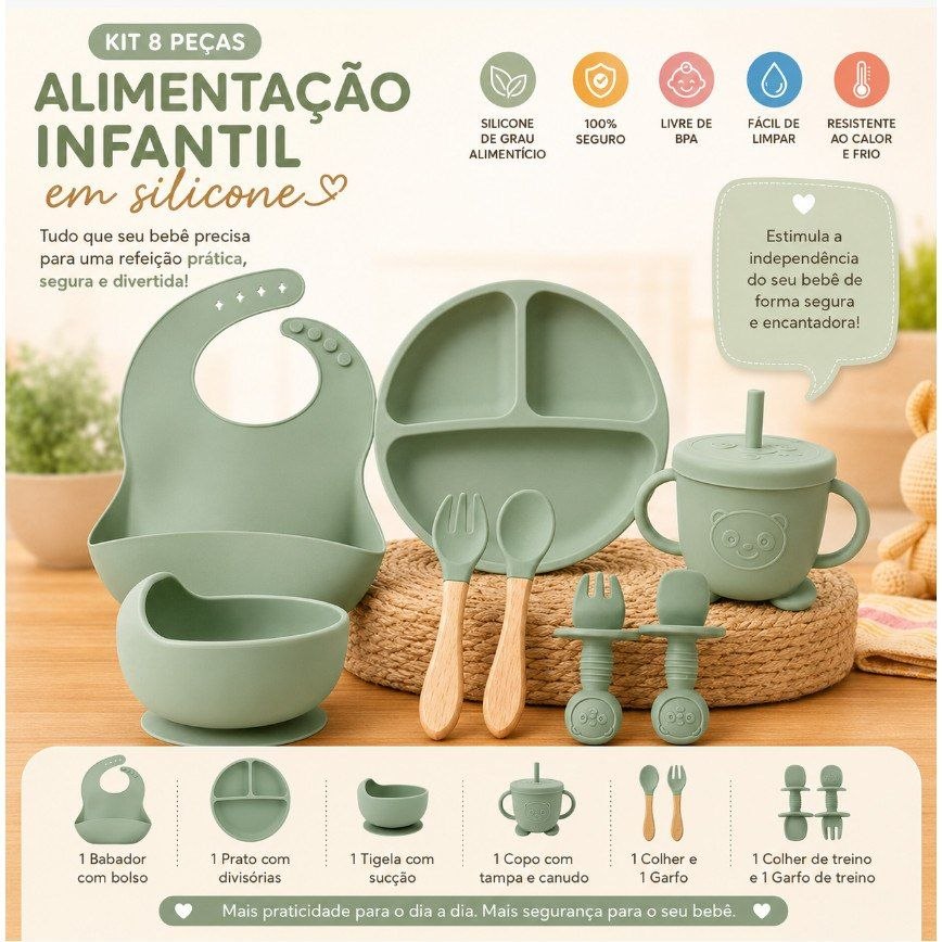 🛍️ Kit Introdução Alimentar Bebê Silicone 8 Peças Prato Divisórias Babador Copo Tigela Ta