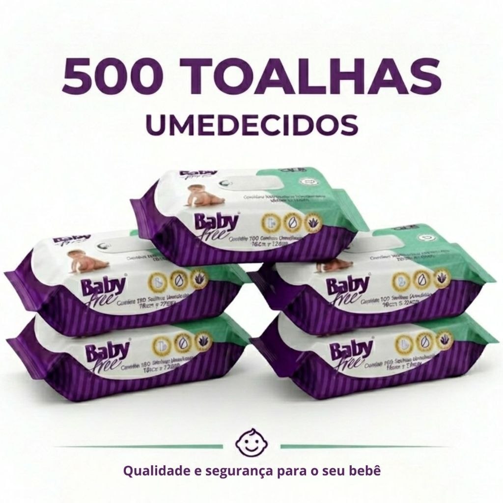 🛍️ KIT COM 5 PACOTES TOALHAS UMEDECIDAS/LENÇOS BABY FREE C/100-(sem tampa flip-top)