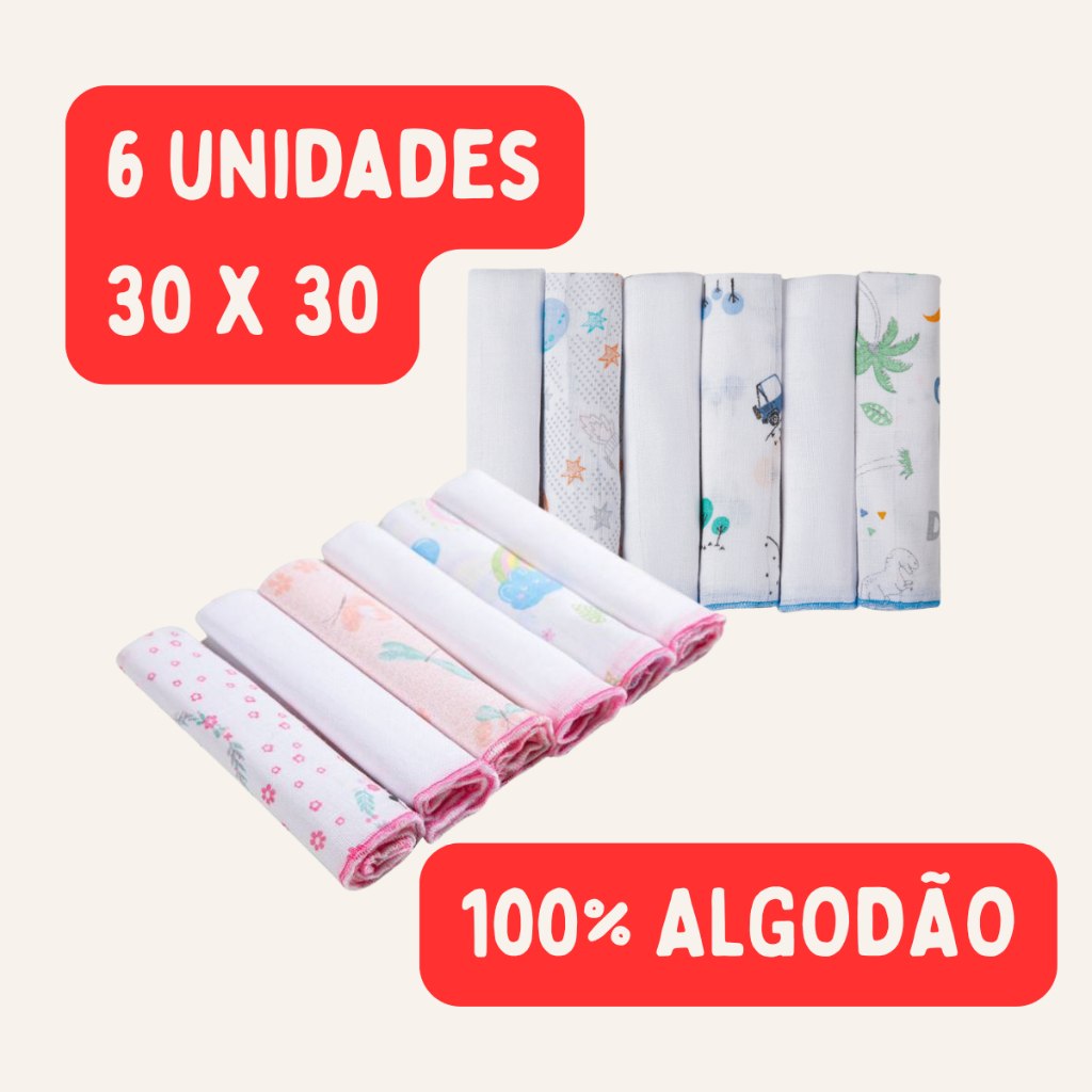 🛍️ Kit 6 Pano de Boca 100% Algodão Paninho Fralda de Bebe 30cmx30cm Papi
