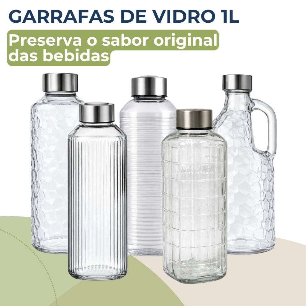 - Garrafa de Vidro 1 Litro Tampa Inox Água Suco Geladeira