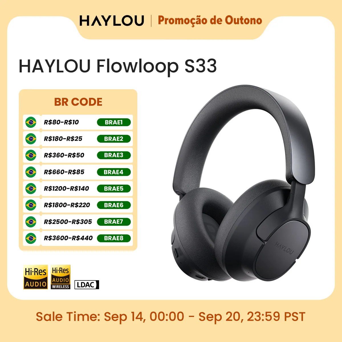 Headphone HAYLOU FlowLoop S33 Bluetooth Over-Ear com ANC 45dB, Hi-Res LDAC e Bateria de at