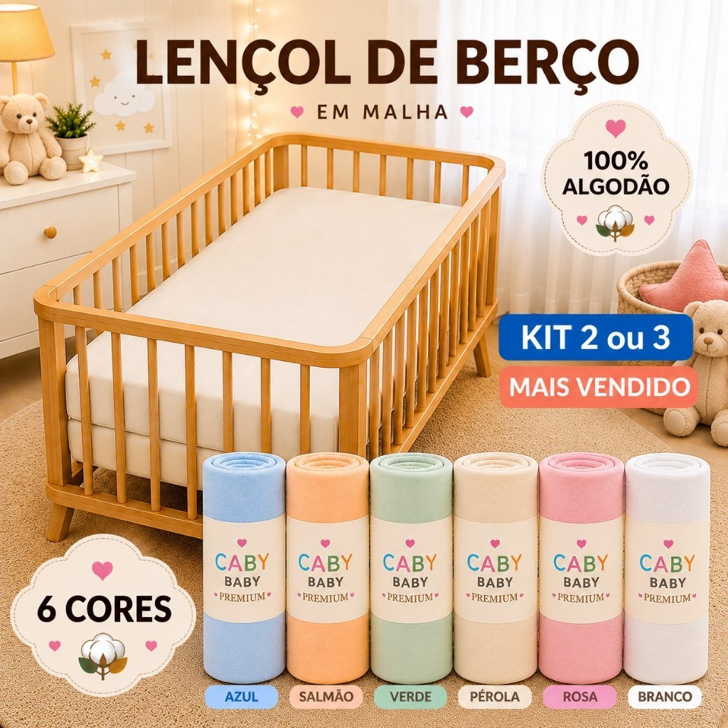 🛍️ Lençol de Berço Kit 2 ou 3 100% Algodão com Elástico 70x130x12 – Malha Confortável