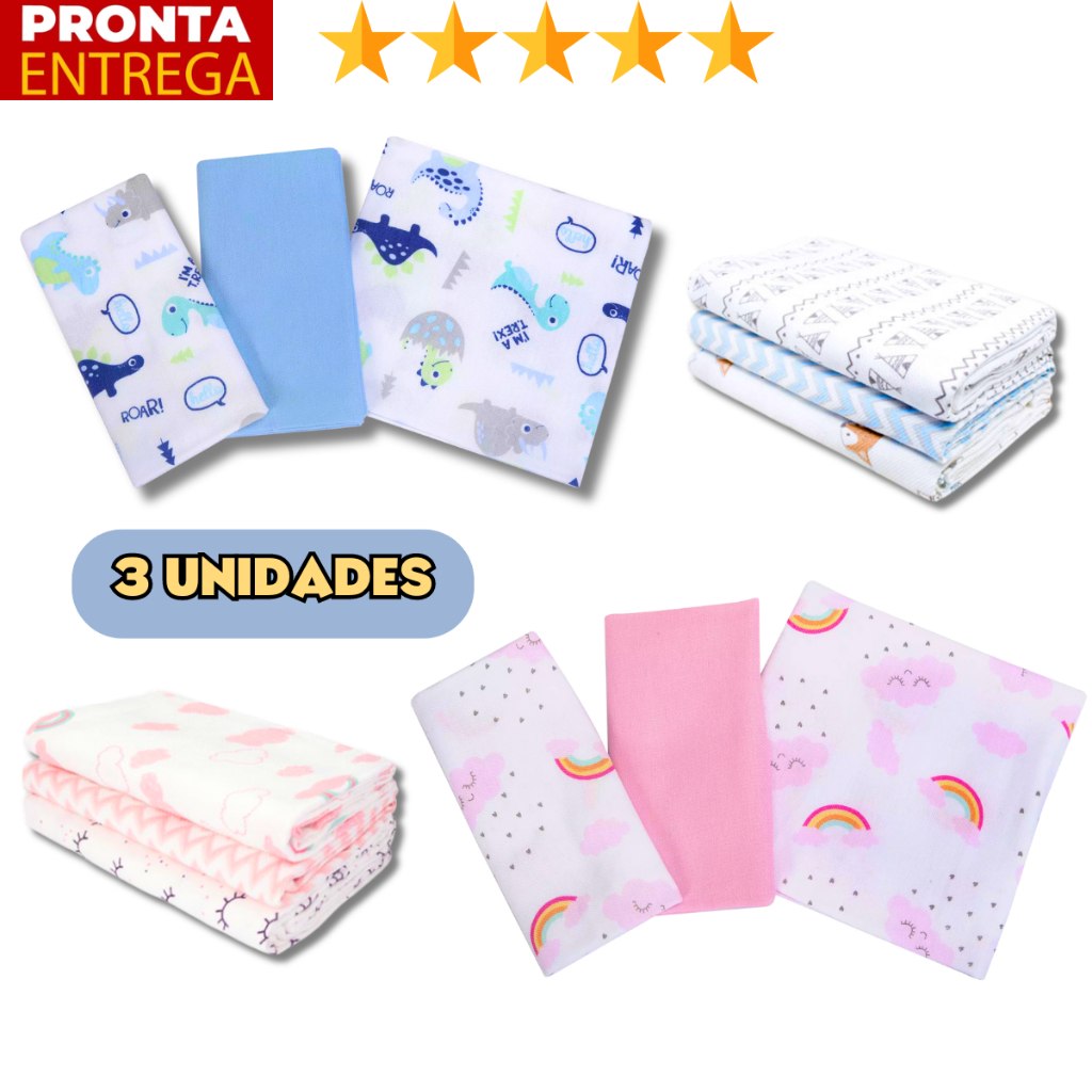 🛍️ Kit 3 Cueiro Flanelado Estampado 50 x 80 Enxoval Infantil Bebê Menino Menina