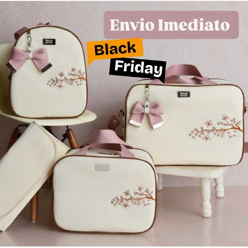 🛍️ Bolsa Maternidade kit com 4 Peças Termico Impermeável Bordado Borboleta Safari Menina/