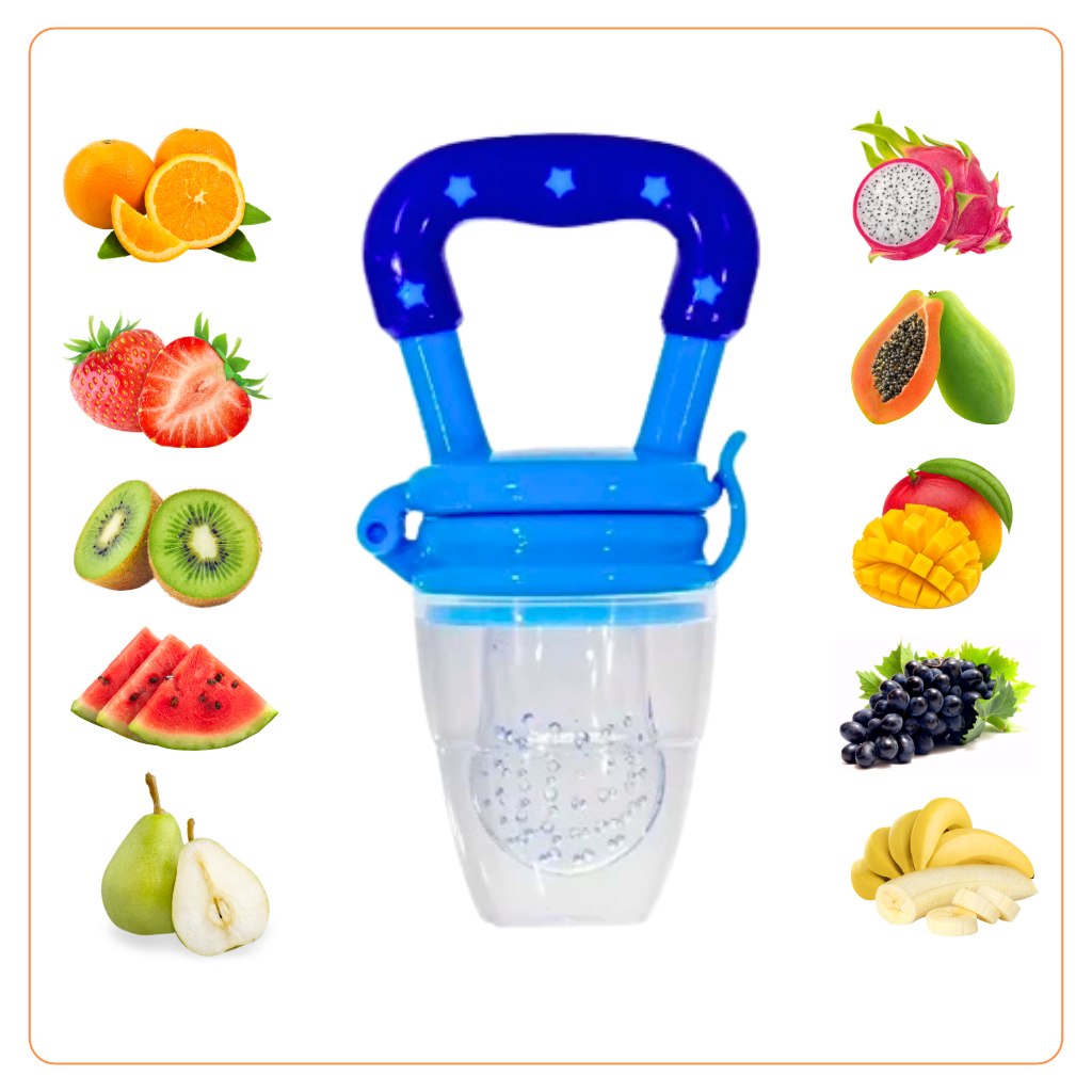 🛍️ Chupeta Mordedor Azul Alimentadora Bebê de Silicone Porta Fruta Legume Iogurte Introdu