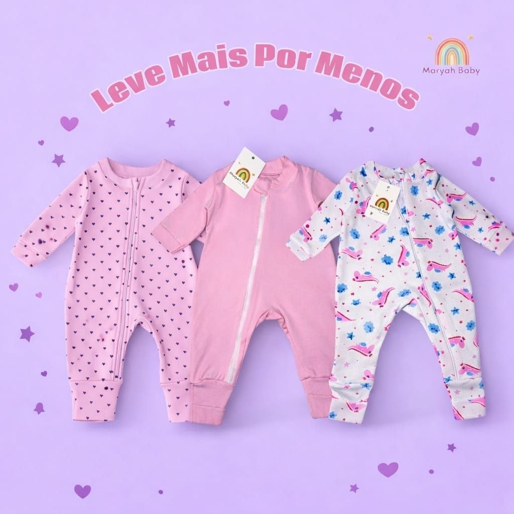 🛍️ Kit com 3 macacões estampado para menina rosa com zíper