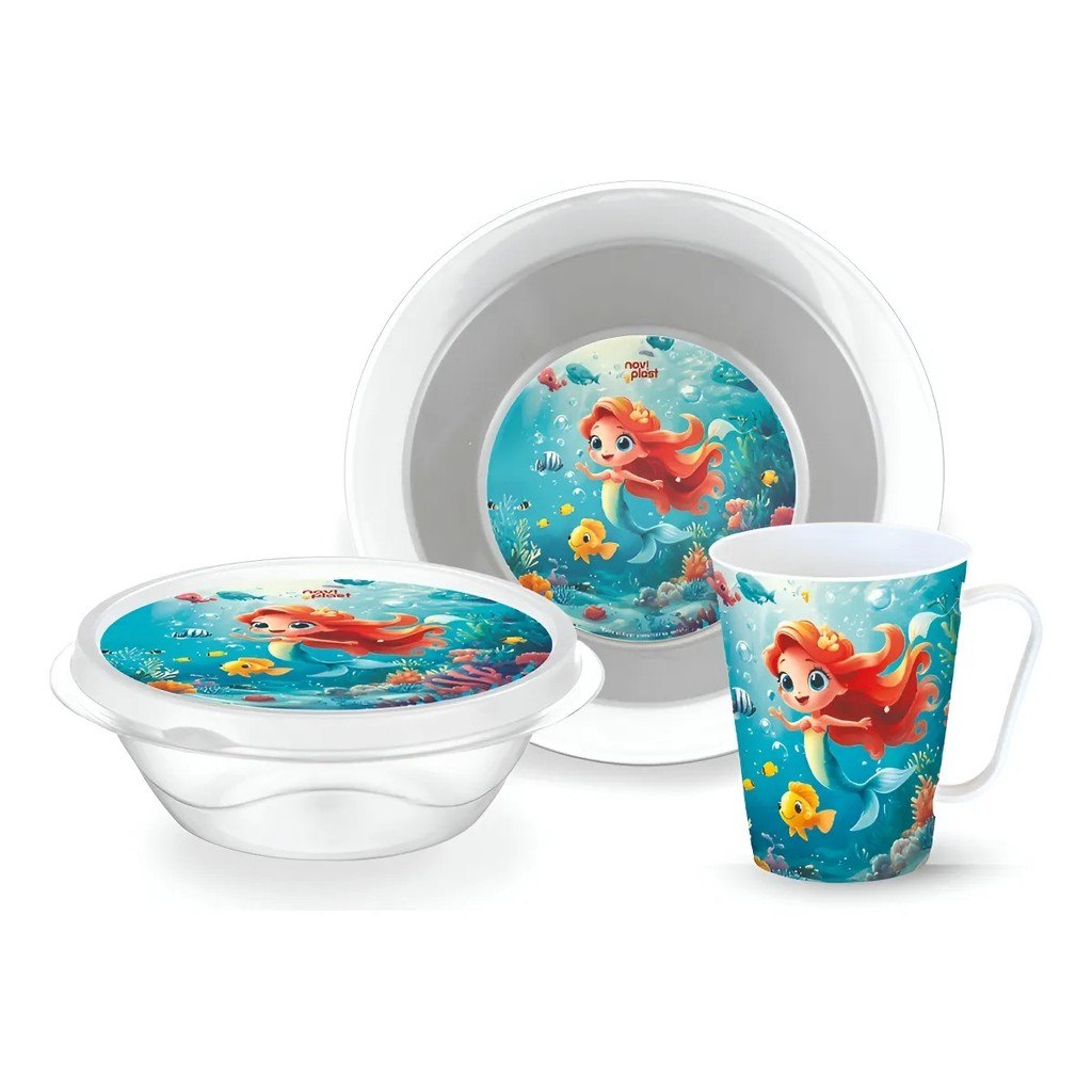 🛍️ Kit Refeição Pequena Sereia Escolar Infantil Personagens Criança Plástico 3 Itens