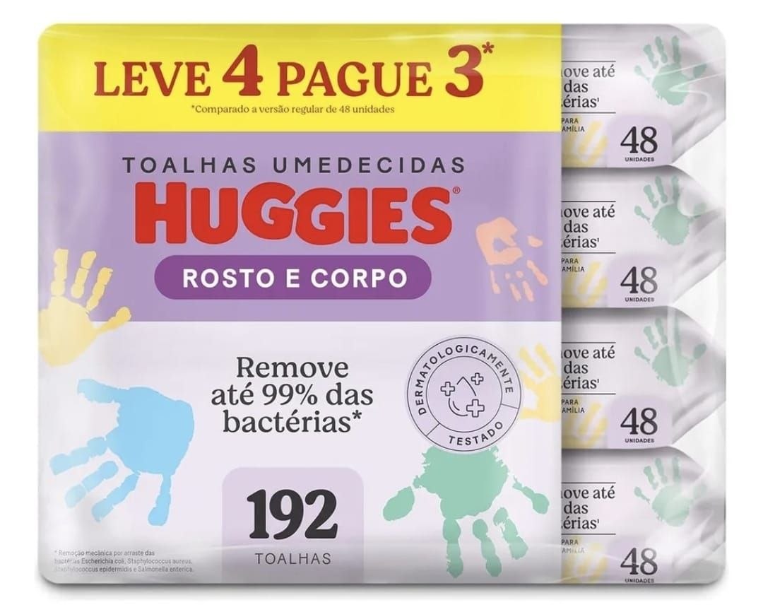 Kit Lenço Umedecido Infantil Huggies Rosto e Corpo 4 Pacotes com 48 Unidades