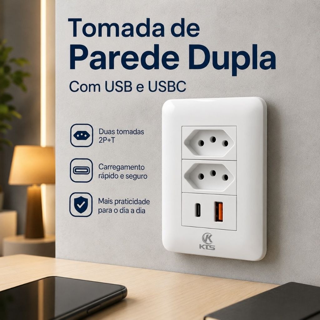 - Tomada De Parede Dupla USB E USB-C Carregador Rápido 4 Em 1 Bivolt 110v 220v 10A Branco
