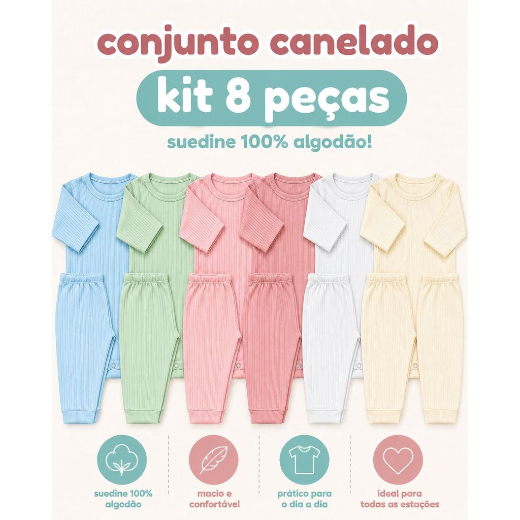 🛍️ Kit 8 Peças Bebê Suedine Canelado 100% Algodão 4 Conjuntos