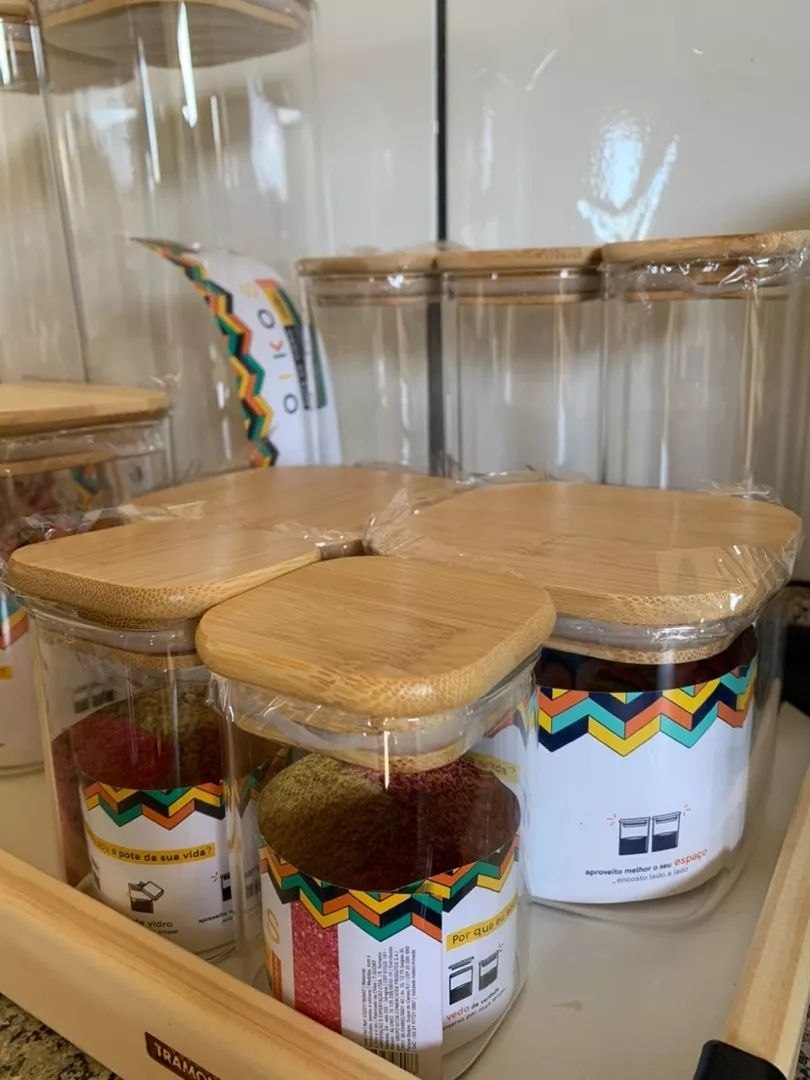 - Kit de Pote Hermético de Vidro Quadrado com Tampa de Bambu 11 Peças - Oikos