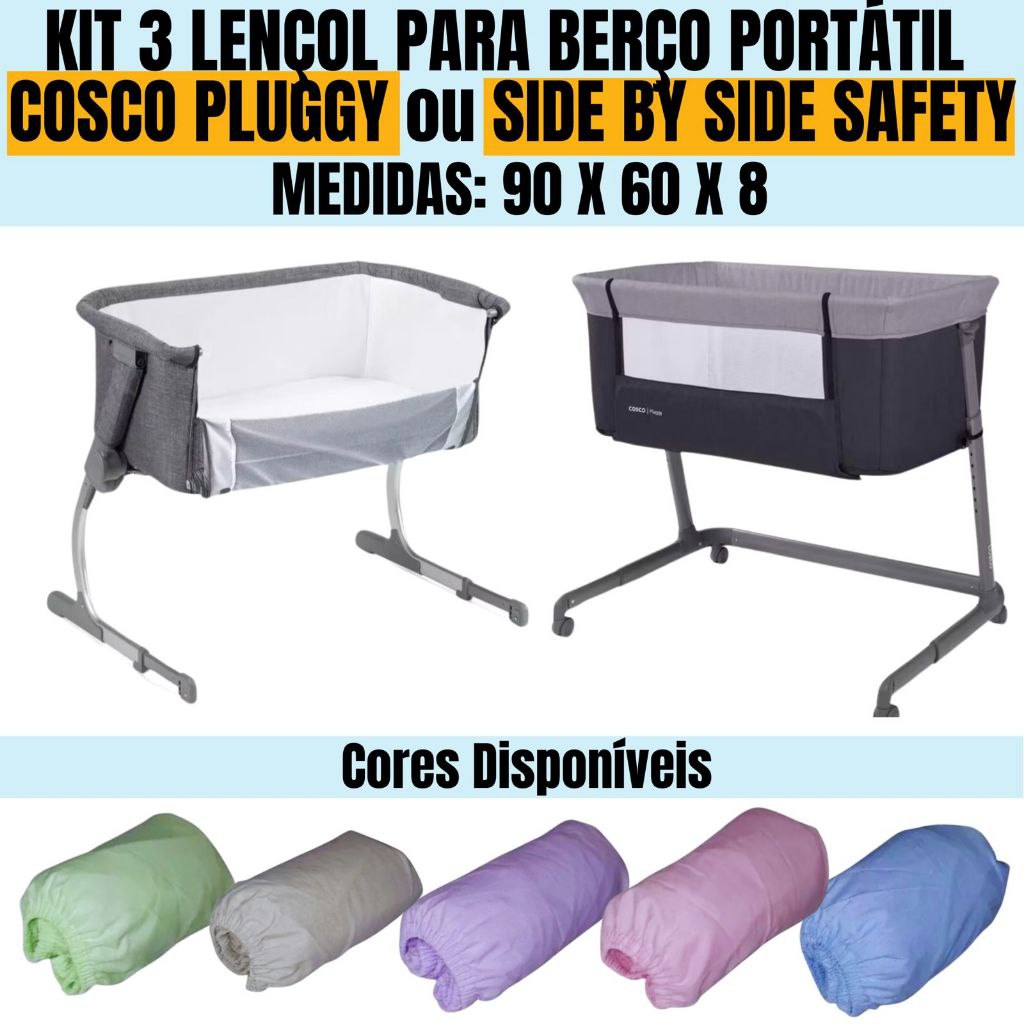 🛍️ KIT 3 LENÇOL PARA BERÇO PORTATIL SIDE BY SIDE SAFETY OU COSCO PLUGGY 100% Algodão