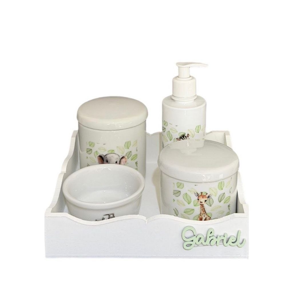 🛍️ Kit Higiene Bebê Porcelana Safari Bandeja Ondinha Adesivo Dtf Uv Com Nome Personalizad