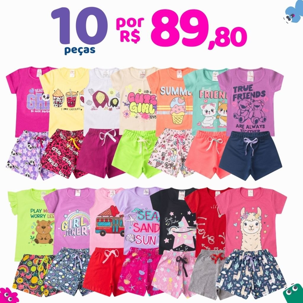 - Kit 10 Peças Roupas Infantil Menina Sortido Verão - 5 Camisetas + 5 Shorts - Criança Fem