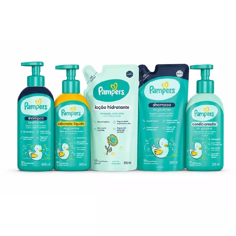 Kit Pampers Glicerina Shampoo 350ml e 400ml + Condicionador 200ml + Sabonete Líquido 200ml