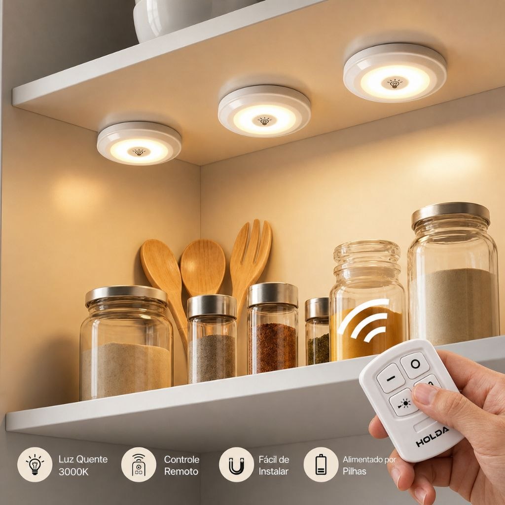 - Kit 3 6 9 Spot Led Sem Fio Com Controle Remoto Luz Quente P/ Armario Nicho Closet Cozinh