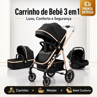 🛍️ Carrinho De Bebê 3 Em 1 Premium Luxo Moisés + Bebê Conforto Completo Reclinável Rodas