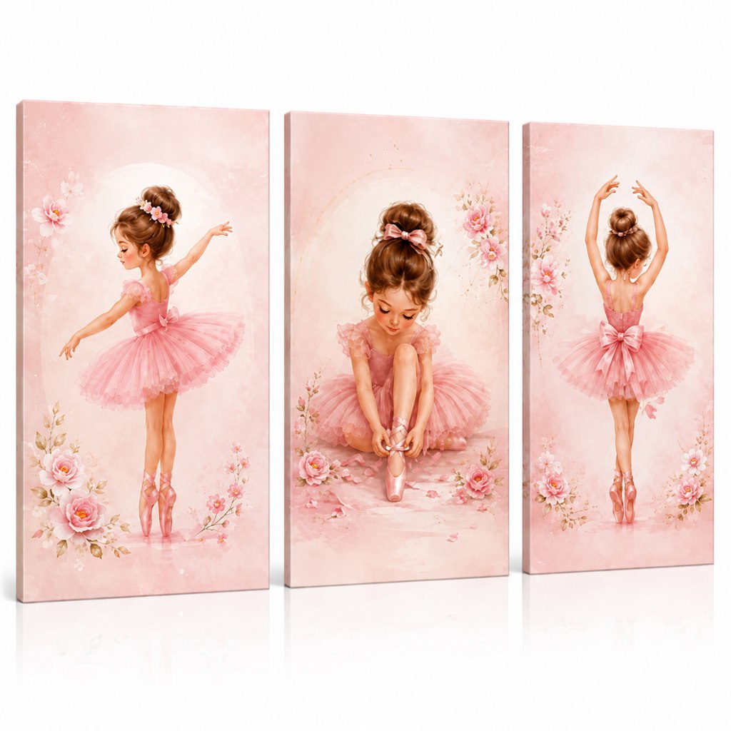 🛍️ Kit 3 Quadros Bailarina Infantil Rosa Flores Decoração Quarto Menina Bebê 20x30 a 40x6