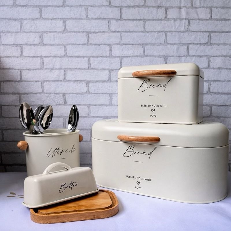 - Porta Pão / Manteigueira e porta talheres em metal com Bambu Branco Vintage