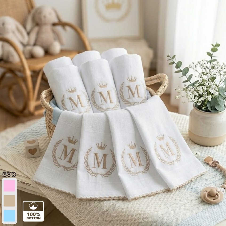 🛍️ Fralda de Boca Personalizada 10 Unidades Com Inicial Do Nome Do Bebe Bordada Menino Me