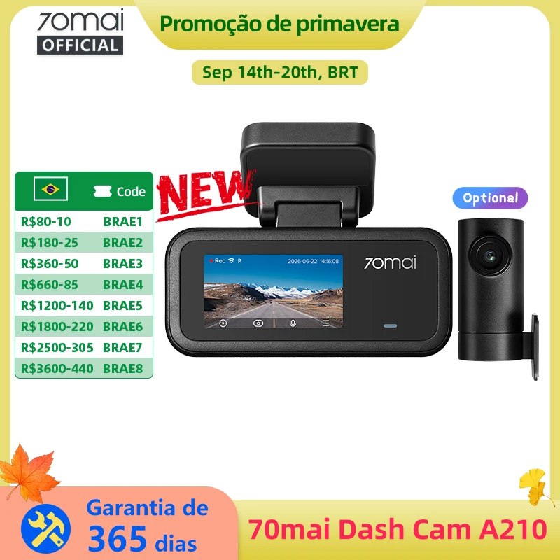 70mai A210 Dash Cam Full HD 1080P HDR, Visão Noturna, GPS Integrado, Wi-Fi 6, Supercapacit