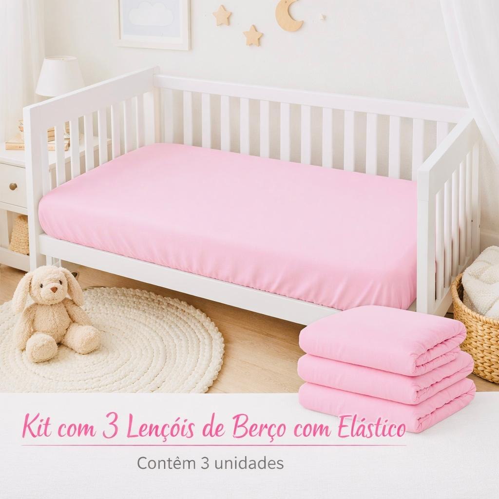 🛍️ Kit 3 Lençol Berço Americano Percal 400 Fios Macio com Elástico 130x70cm Menina e Meni