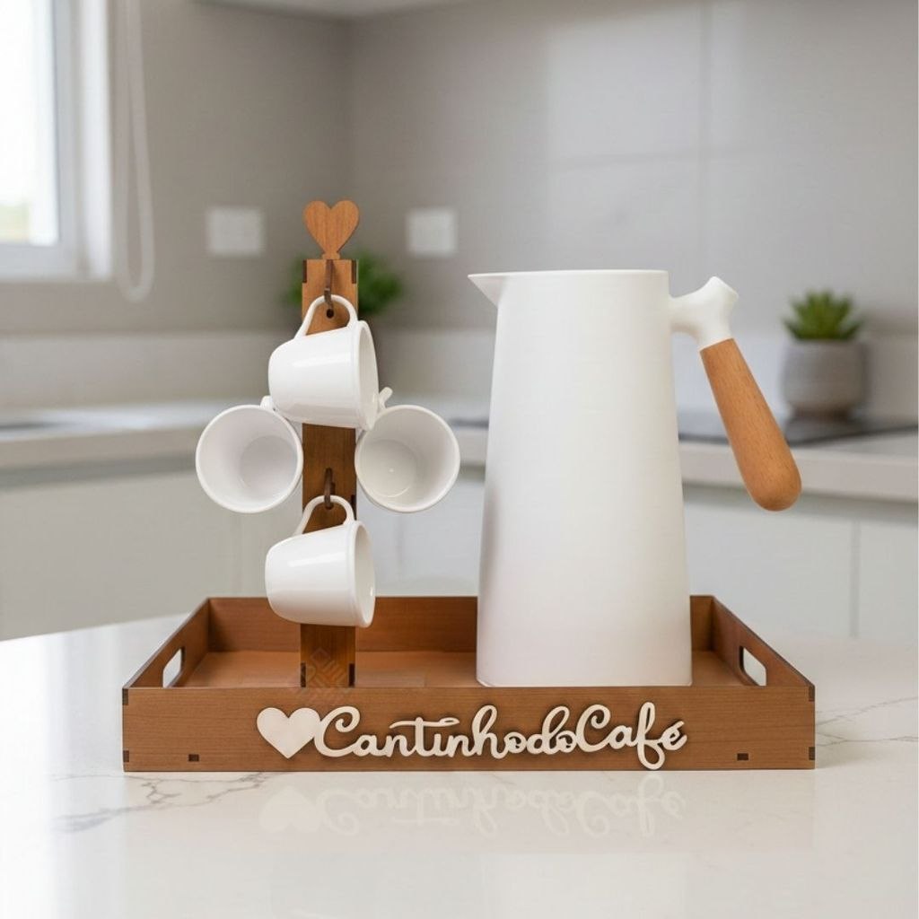 - Kit Bandejas + Suporte 6 Xícaras + 6 Xícaras Para Cantinho do Café Organizado, Elegante