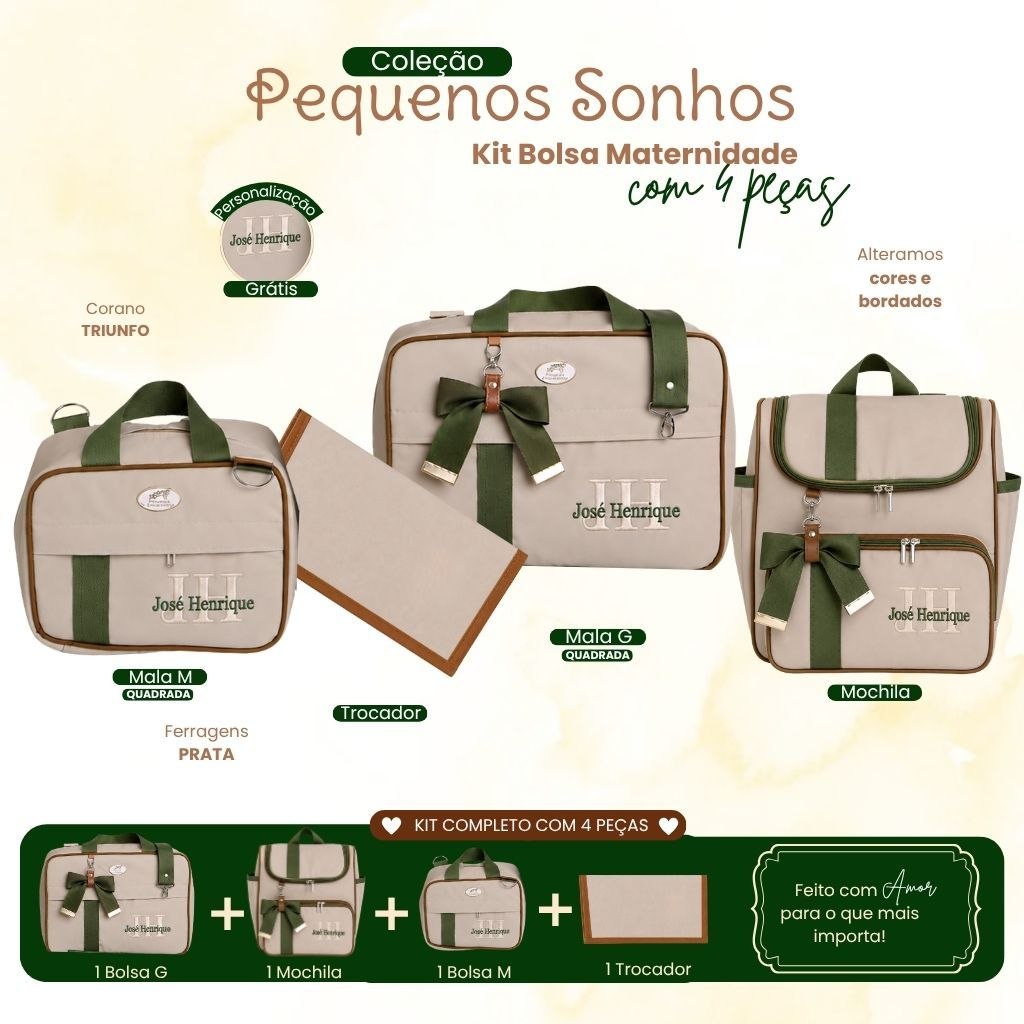 🛍️ Bolsa maternidade personalizado 4 peças | Coleção Pequenos Encantos Bebê