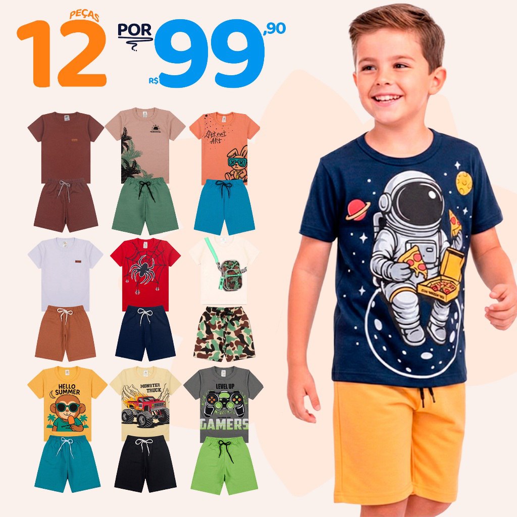 🛍️ Kit Sortido 12 Peças de Roupas Infantil Menino 6 Camisetas + 6 Bermudas - Kit com 6 Co