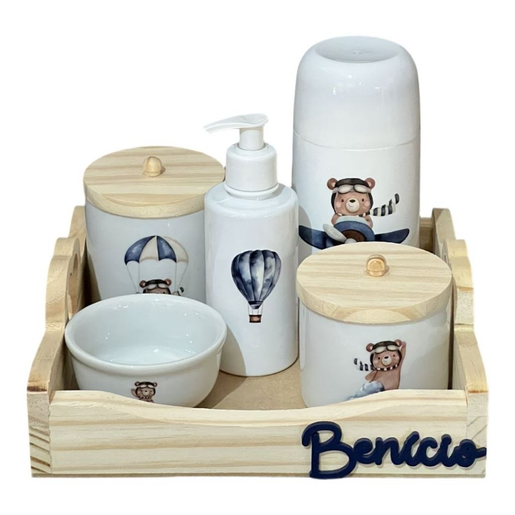 🛍️ Kit Higiene Bebê Porcelana Ursinho Baloeiro Bandeja Pinus Adesivo Dtf Uv Com Nome Pers